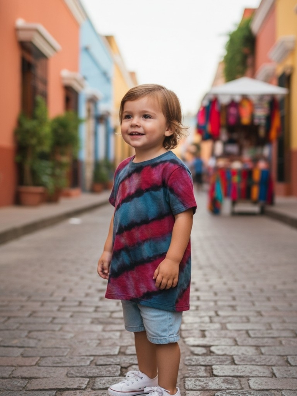 New Kids Short Sleeve Horizontal Stripe Tie-Dye Tee in Hot Pink & Blue Size 5T